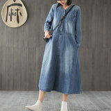 Johnature 2019 New Style Casual Cotton v-neck Loose Plus Size Denim Dress Female Spring Long Sleeve  Ladies Demin Dress