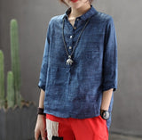 Johnature Cotton Linen Spliced Button Spring three-quarter Sleeve Top Women Blouse Loose Solid turn-down Collar Women Blouse