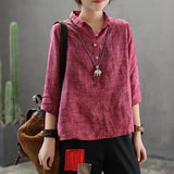 Johnature Cotton Linen Spliced Button Spring three-quarter Sleeve Top Women Blouse Loose Solid turn-down Collar Women Blouse