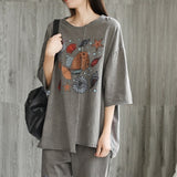 Johnature New Cotton Three Quarter Sleeve Casual Retro Print Ladies Sets 2019 Summer Spring Pullover o-neck Women Set