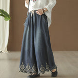 Johnature Casual Cotton Denim Embroidery Wide Leg Pants 2019 Spring New Female Elastic Waist Pockets Blue Women Vintage Pants