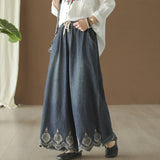 Johnature Casual Cotton Denim Embroidery Wide Leg Pants 2019 Spring New Female Elastic Waist Pockets Blue Women Vintage Pants