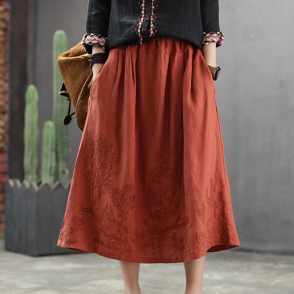 Johnature 2019 New Style Cotton Linen Casual Elastic Waist Embroidery Skirt Female Spring Loose Solid a-line Women Skirt