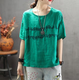 Johnature New Casual Loose Style Cotton Linen womenT-shirt 2019 Summer Retro Round Neck Embroidery Short Sleevs Women t-shirt