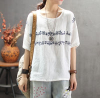 Johnature New Casual Loose Style Cotton Linen womenT-shirt 2019 Summer Retro Round Neck Embroidery Short Sleevs Women t-shirt