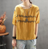Johnature New Casual Loose Style Cotton Linen womenT-shirt 2019 Summer Retro Round Neck Embroidery Short Sleevs Women t-shirt